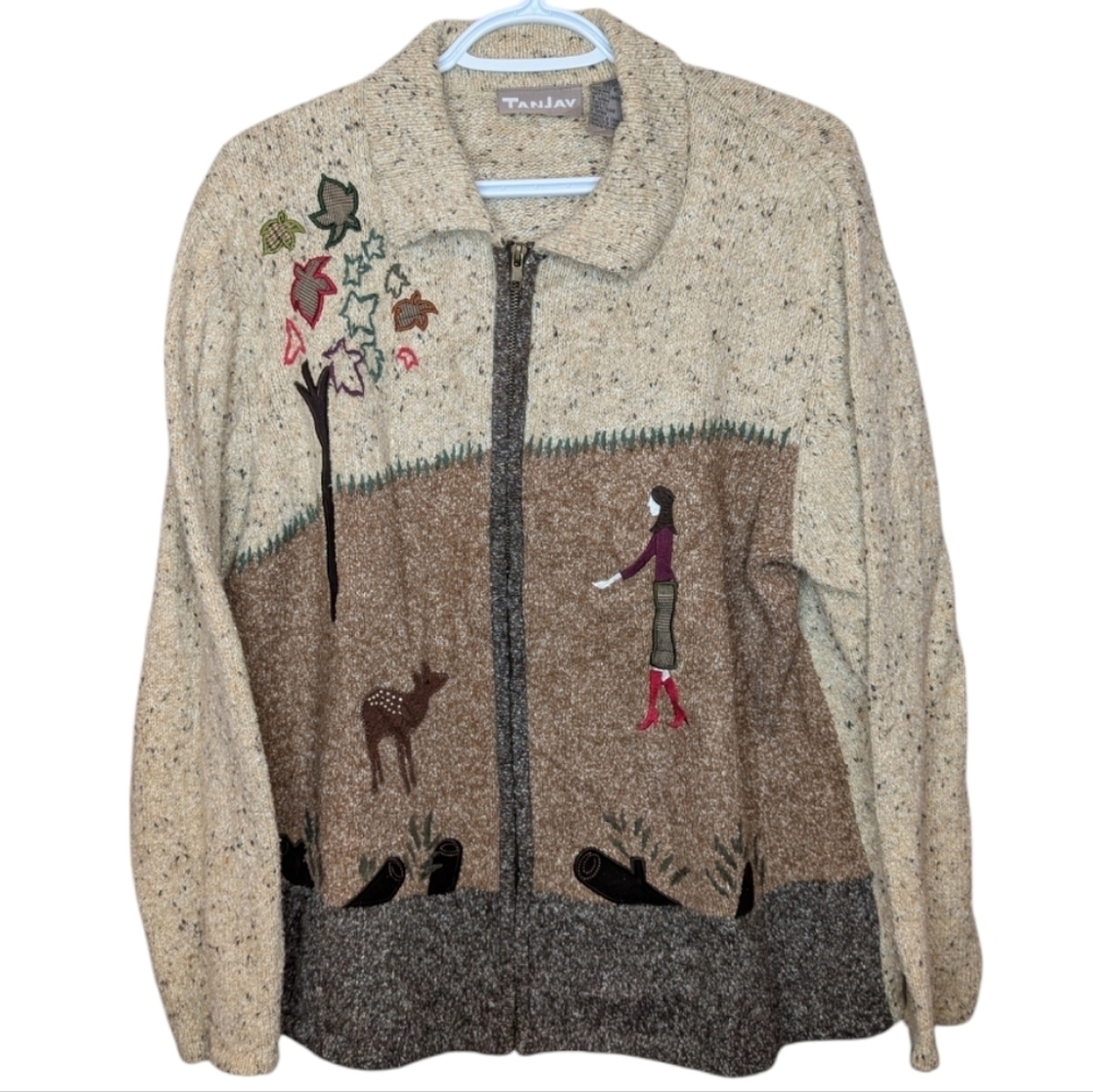 Tan Jay Brown & Oatmeal Knit Embroidered Zip Up Collared Sweater Women Large